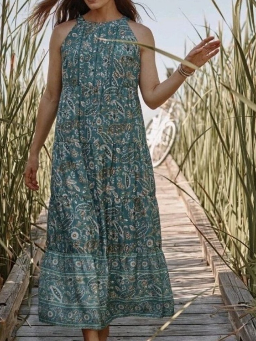 J.JILL Teal Paisley Floral sleeveless maxi sundress eyelet flowy new xs petite